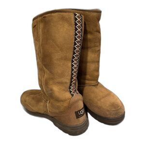 Vintage UGG Australia Ultra Tall Sheepskin Boots Braided Tribal Brown Women sz 7